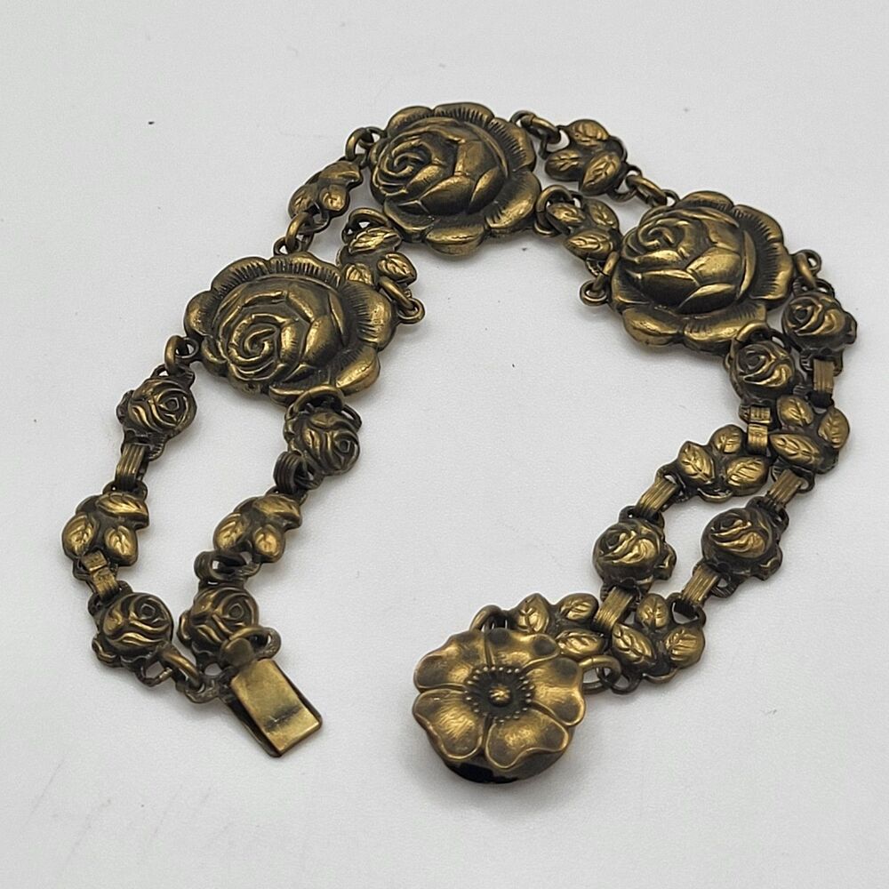 Estate Antique Brass Roses Tennis Wrap Bracelet 7in - Picture 2 of 3